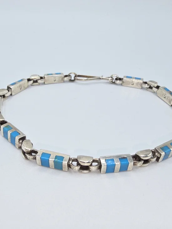 VTG Sterling Silver Turquoise Inlay Link Bracelet 7.5" Southwestern Zuni Style - Picture 6 of 10